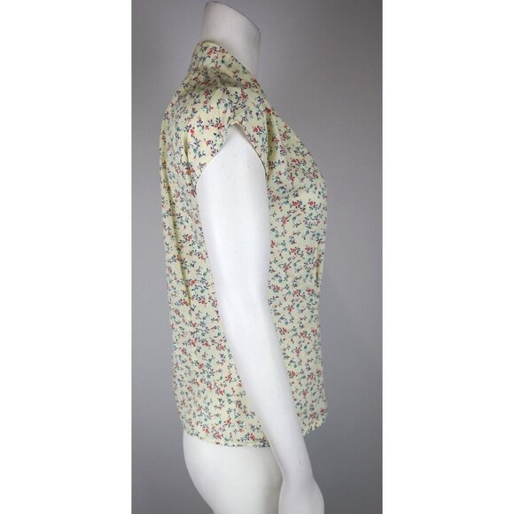 VINTAGE HANDMADE WOMEN'S IVORY FLORAL V-NECK BUTTON UP TOP - SIZE S - WELL WORN - Picture 7 of 10